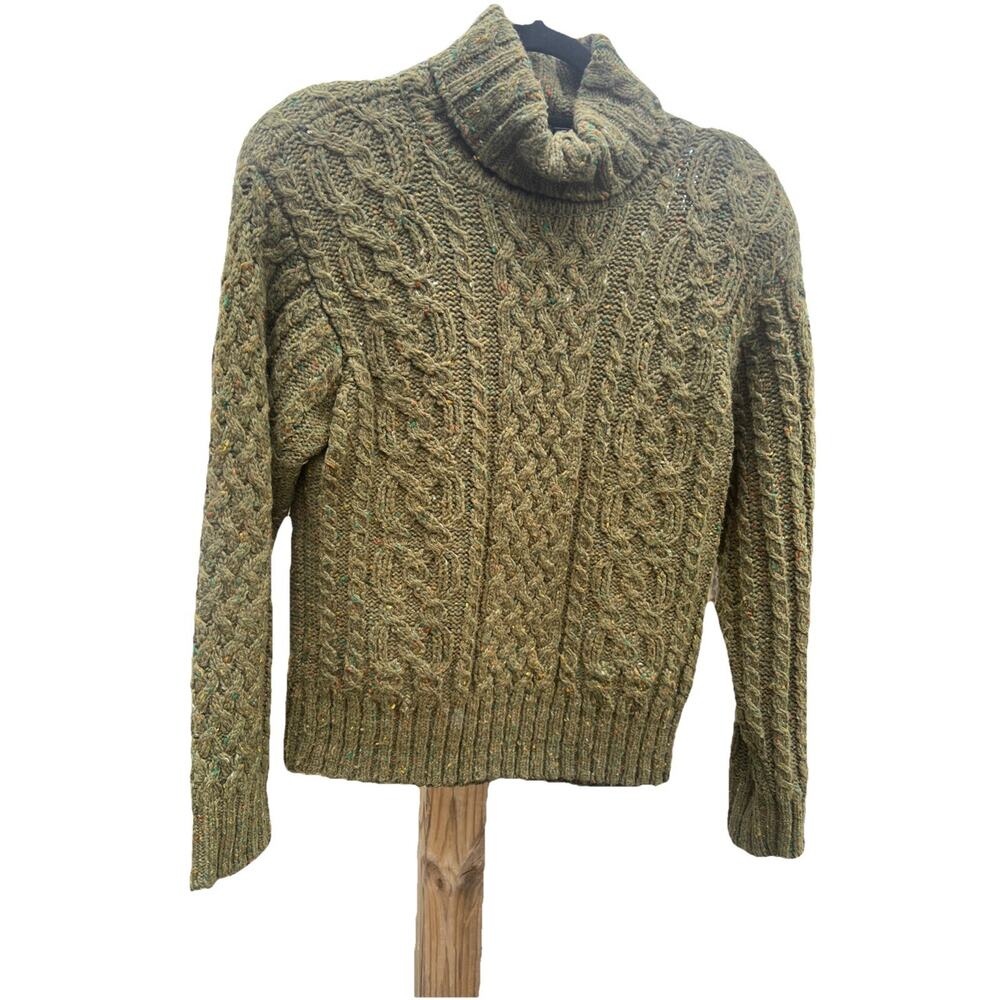 Vintage LizSport Green Sweater SMALL Cable Cropped Army Shoulder Pads Tweeded